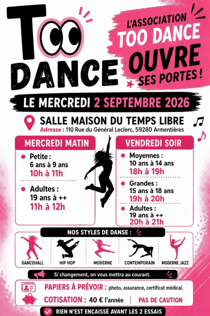 Affiche des cours proposés par Too Dance